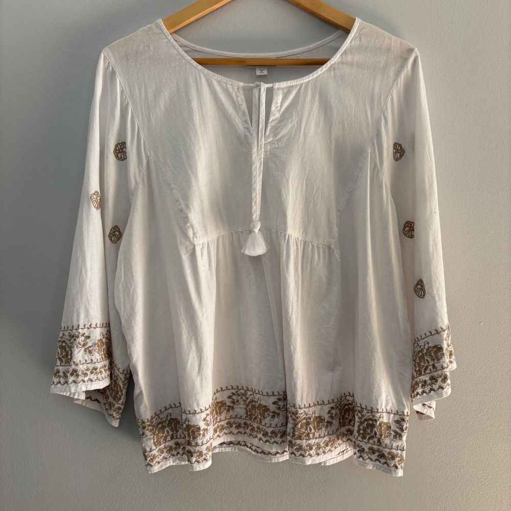 J. Jill Embroidered Tunic Top Women XL P Bell Sleeve Boho Linen Blend Cottage - Picture 2 of 11